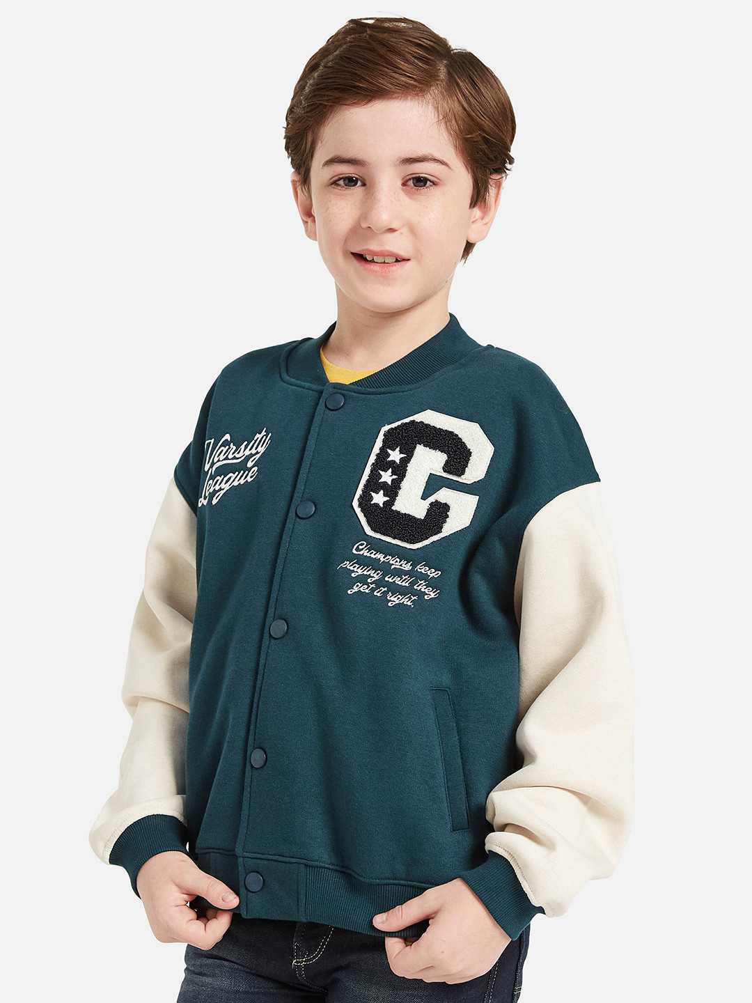 

Octave Boys Typography Printed Stand Collar Long Sleeves Fleece Bomber Jacket, Green