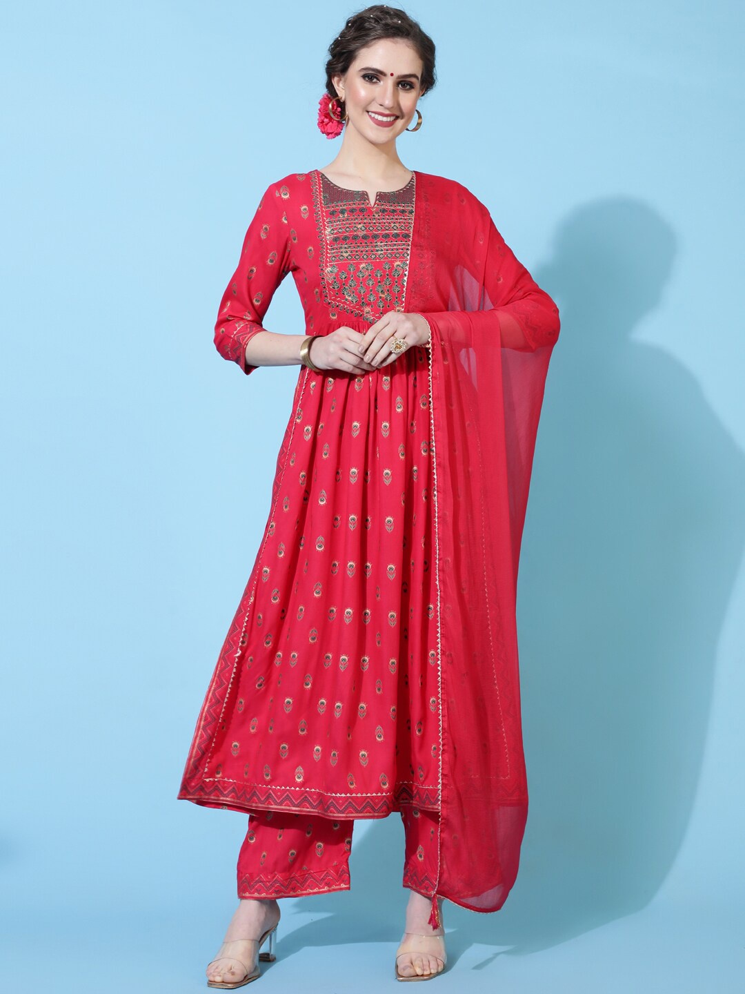 

KIMAYRA Ethnic Motifs Printed Pleated Straight Kurta Kurta with Palazzos & Dupatta, Coral