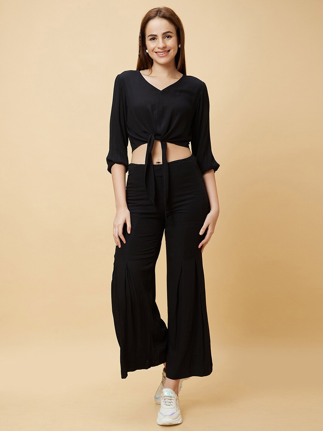 

Globus Solid Casual Co-Ord Set With Crop Top & Palazzo, Black