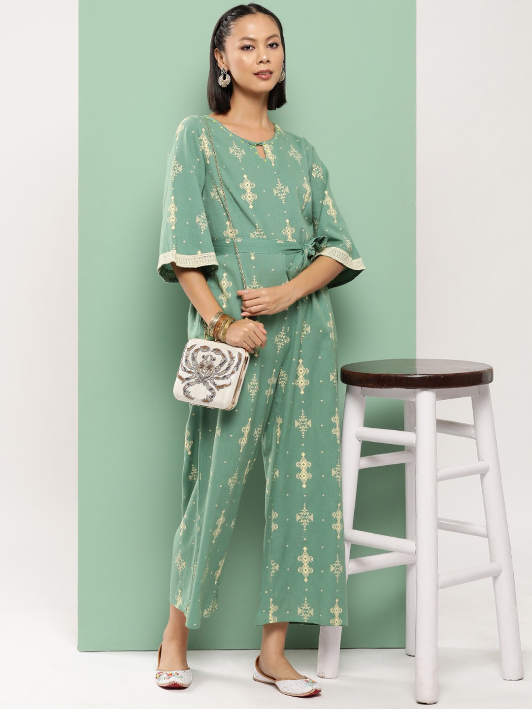 

Juniper Printed Waist Tie-Ups Basic Jumpsuit, Green
