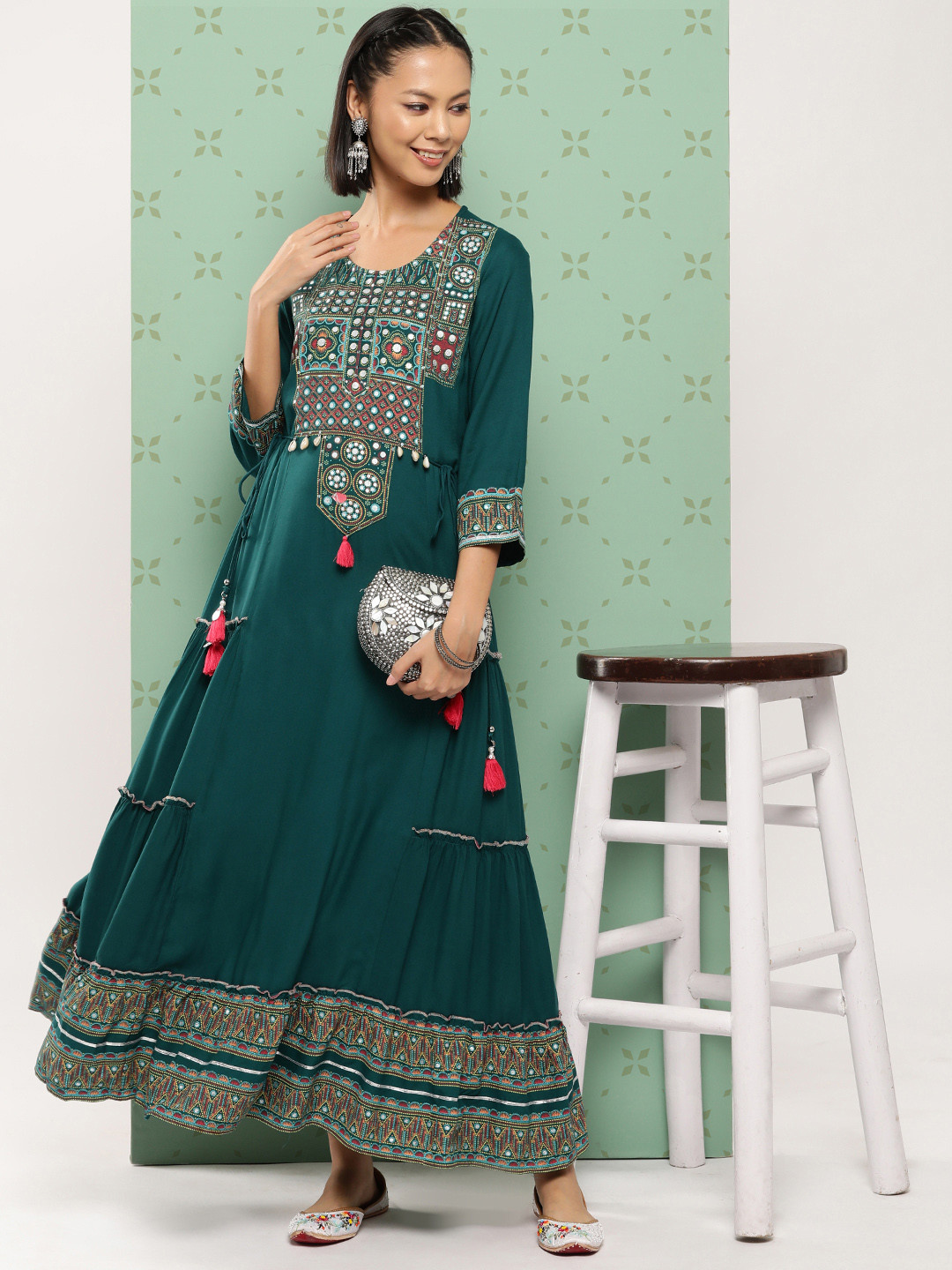 

Juniper Ethnic Motifs Printed Sequined Gown Dress, Teal