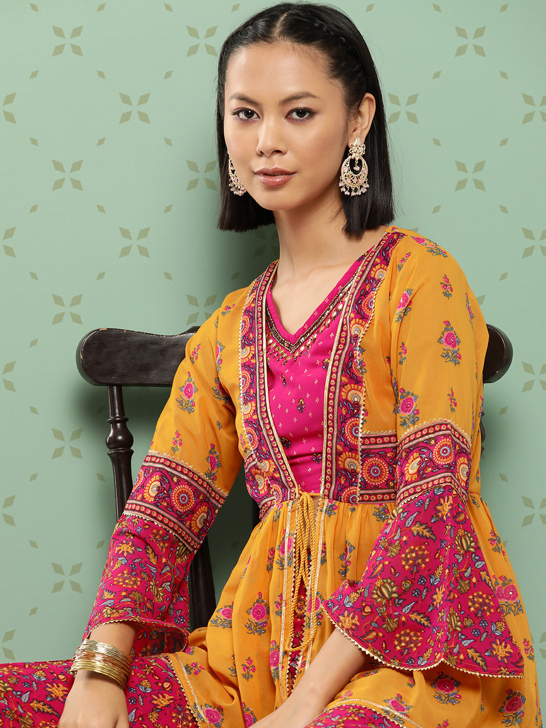 

Juniper Women Floral Printed Gotta Patti A-Line Kurti with Sharara, Mustard