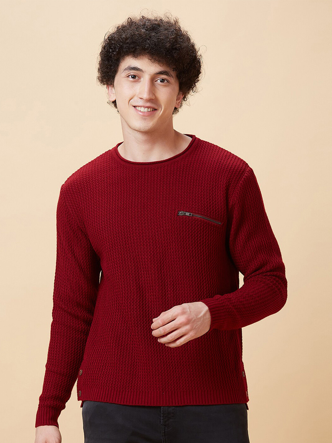 

Globus Maroon Striped Round Neck Long Sleeves Zip Detail Pure Acrylic Pullover Sweater