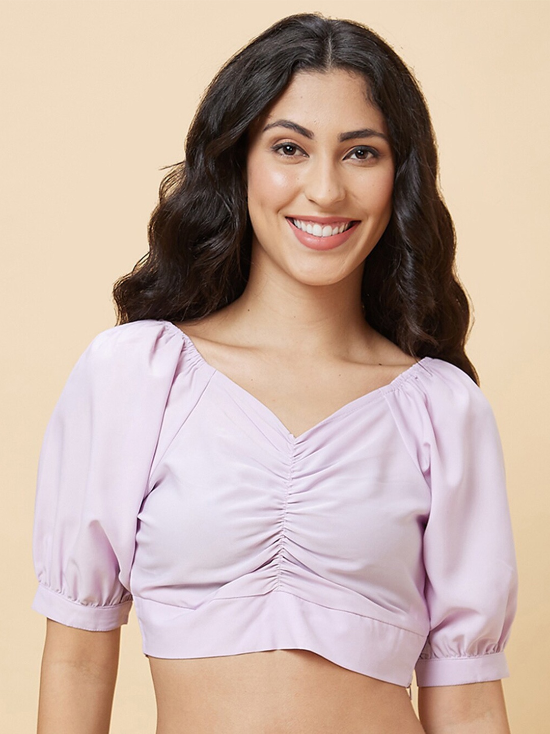 

Globus V-Neck Gathered or Pleated Puff Sleeve Crop Top, Purple