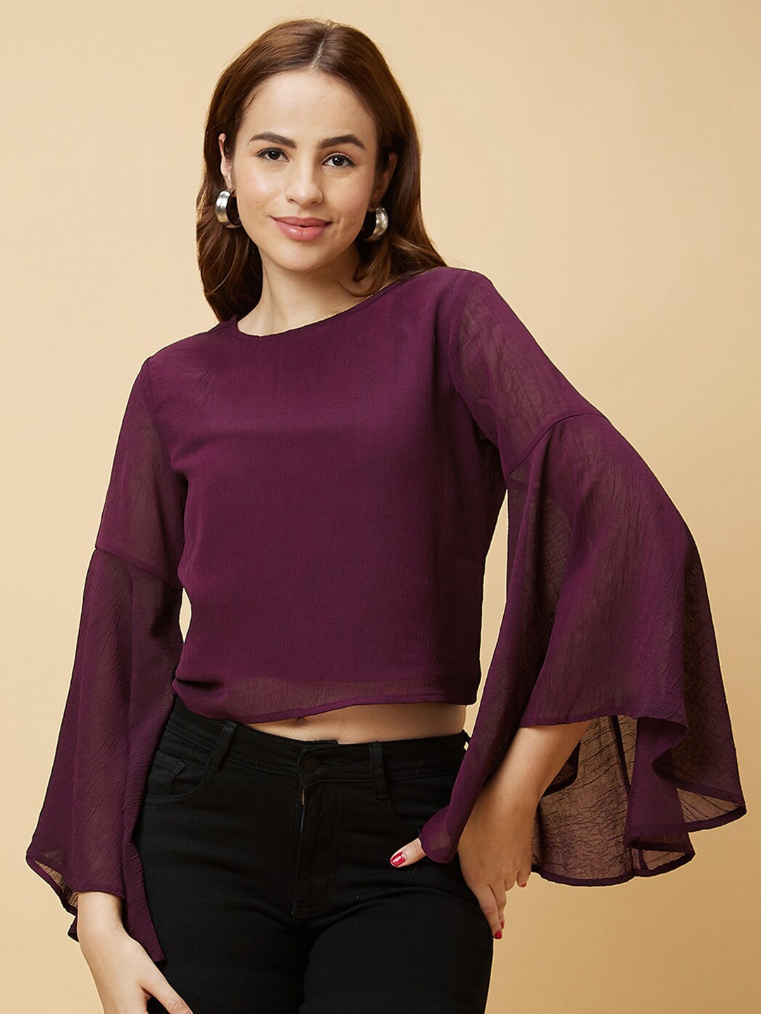 

Globus Round Neck Bell Sleeve Crop Top, Purple