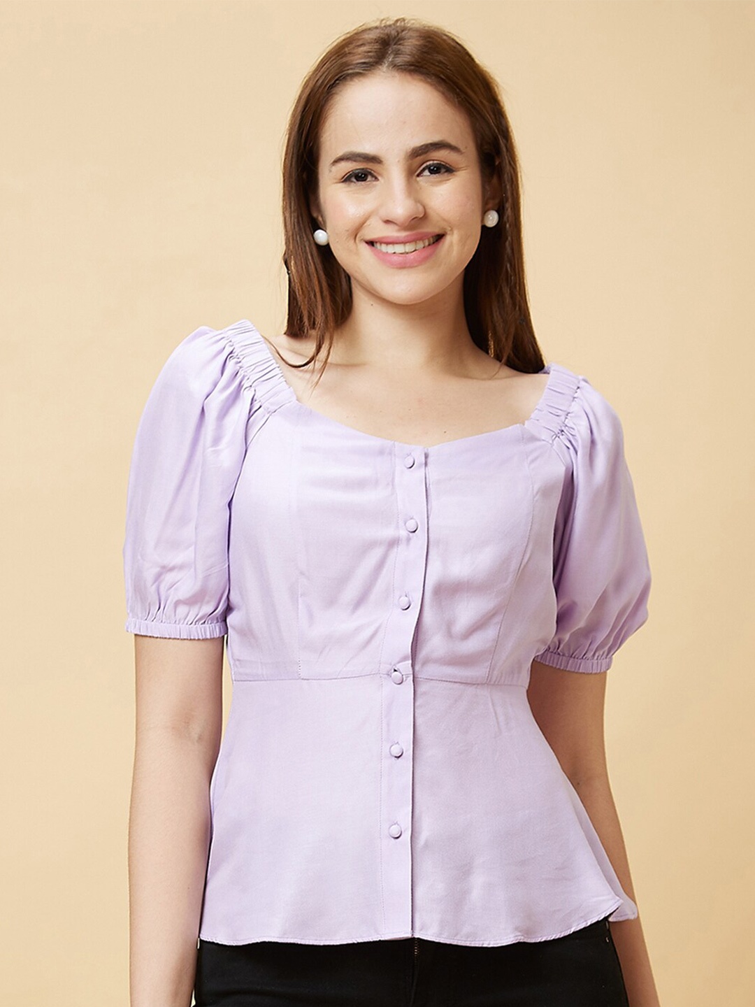 

Globus Square Neck Puff Sleeves Peplum Top, Purple