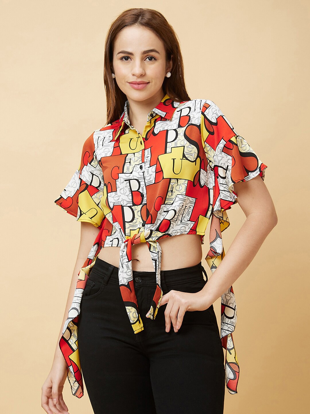 

Globus Typography Printed Flared Sleeves Waist Tie-Ups Shirt Style Crop Top, Red