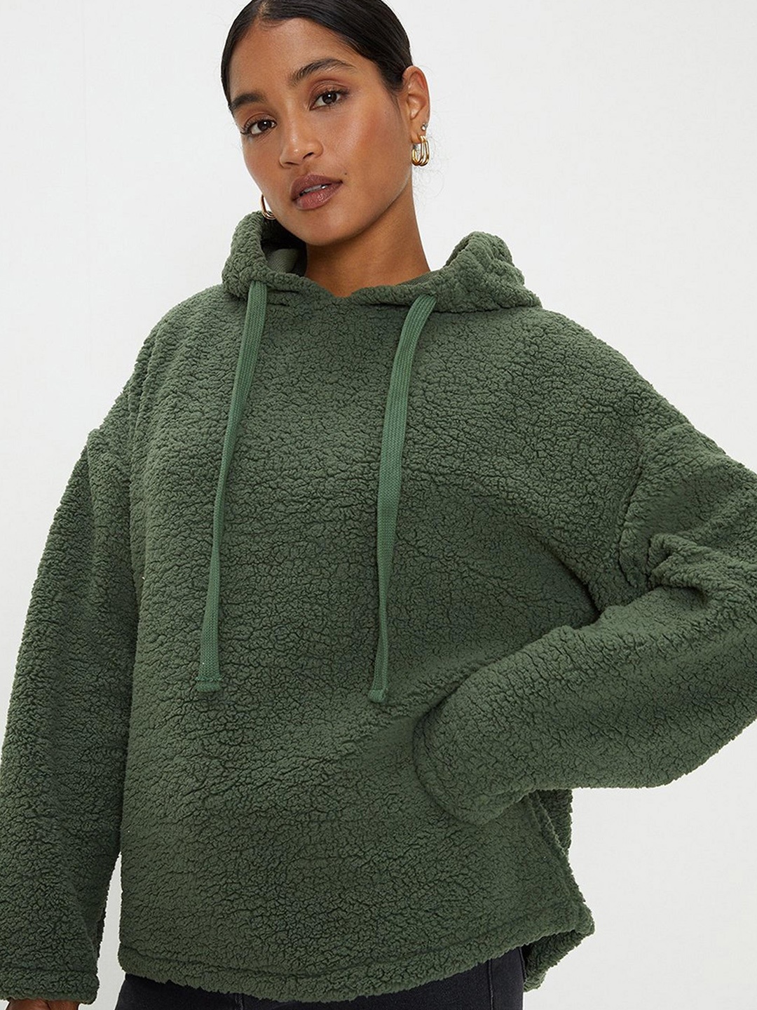 

DOROTHY PERKINS Solid Oversized Hooded Sweatshirt, Olive