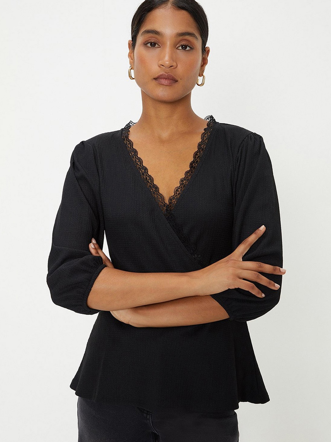 

DOROTHY PERKINS Puff Sleeve Crinkle Jersey Top Wrap Top, Black