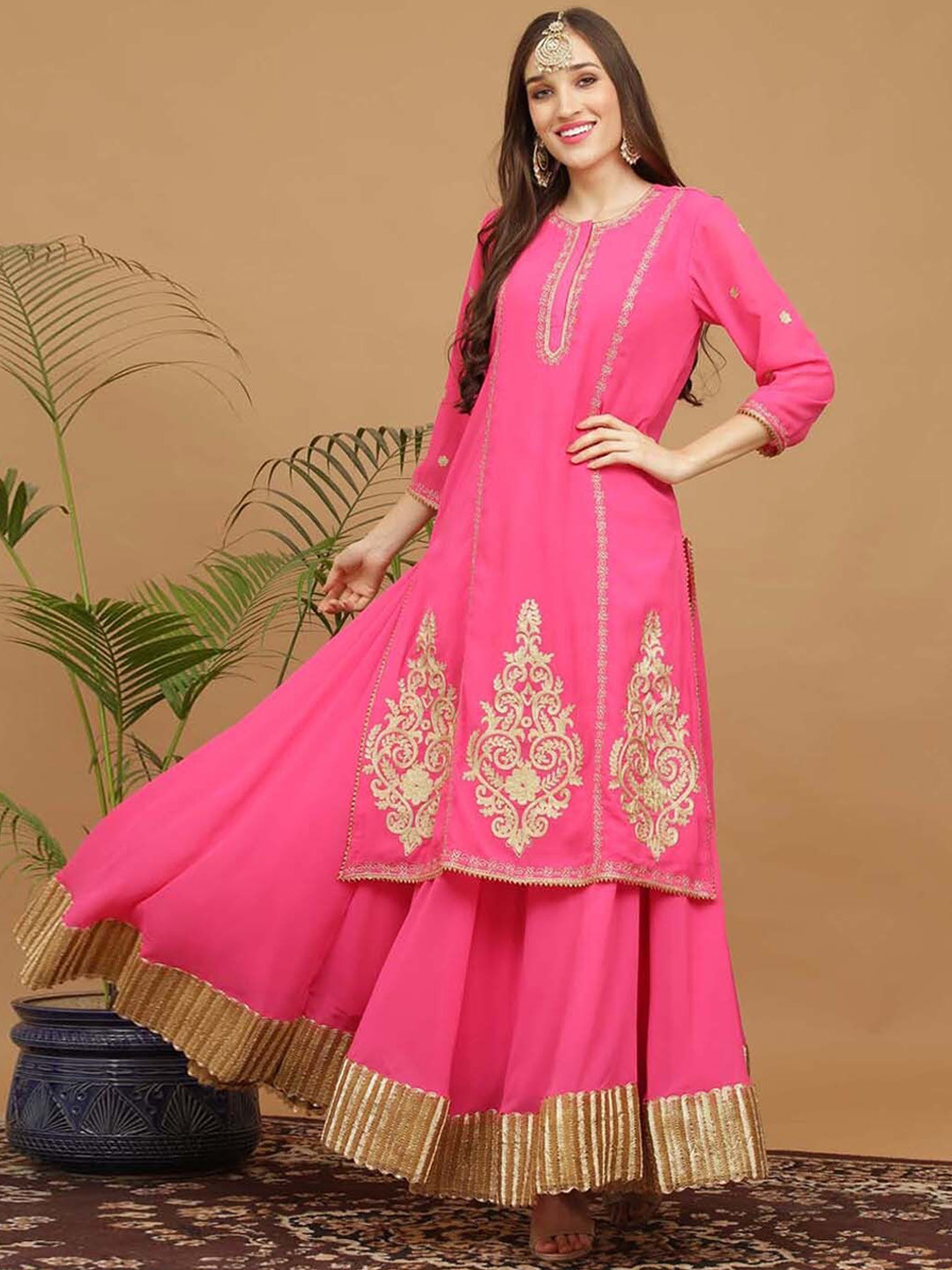 

KAANCHIE NANGGIA Ethnic Motifs Embroidered Gotta Patti Silk Georgette Kurta With Skirt, Pink