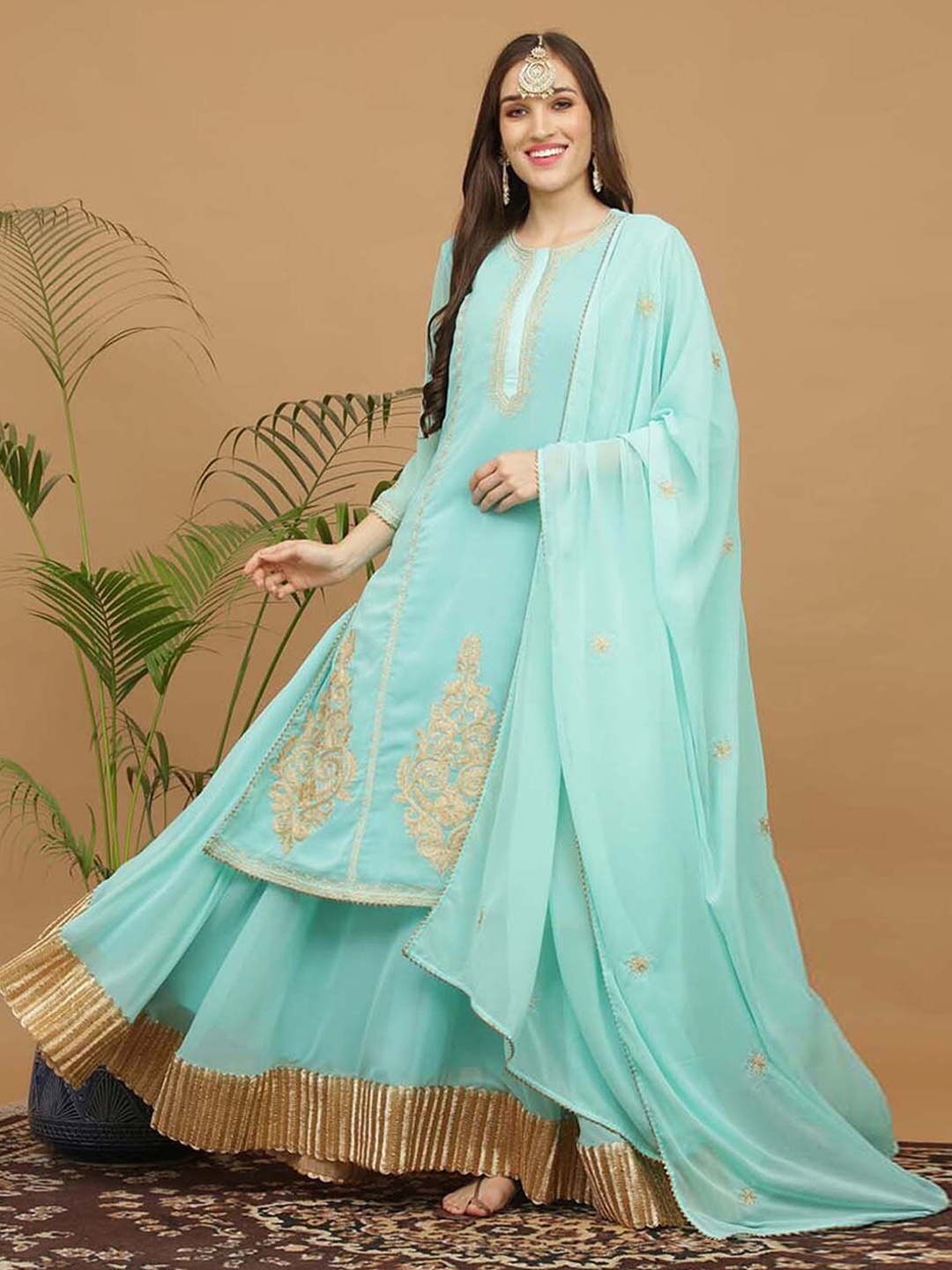 

KAANCHIE NANGGIA Ethnic Motifs Embroidered Gotta Patti Silk Georgette Kurta With Skirt, Turquoise blue