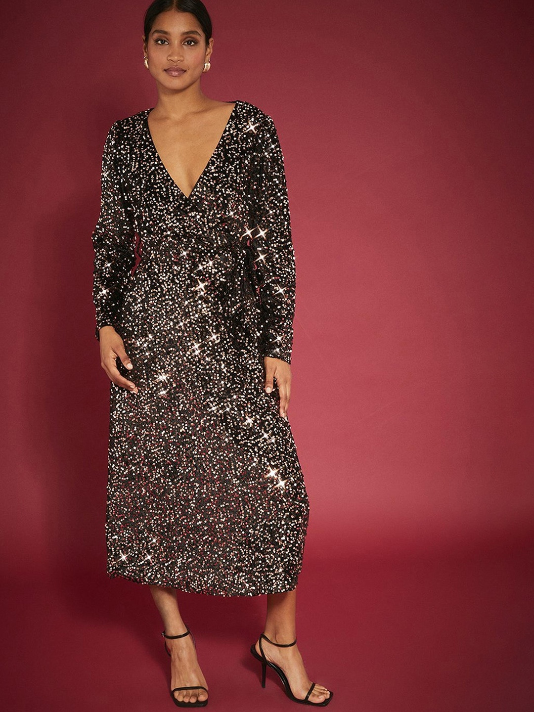 

DOROTHY PERKINS Sequin Embellished Velvet Wrap Midi Dress, Black