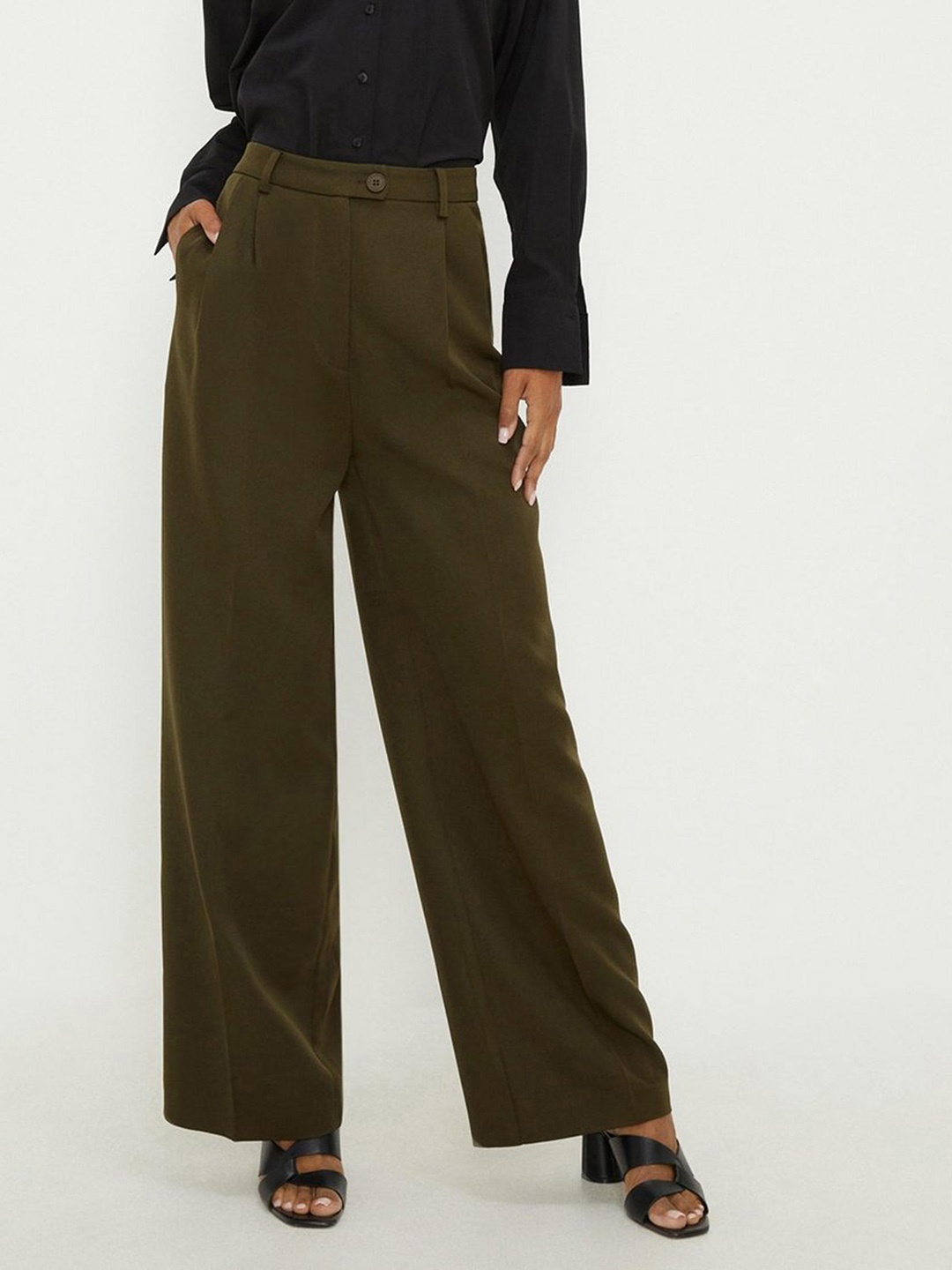 

DOROTHY PERKINS Women Wide-Leg Pleated Trousers, Olive