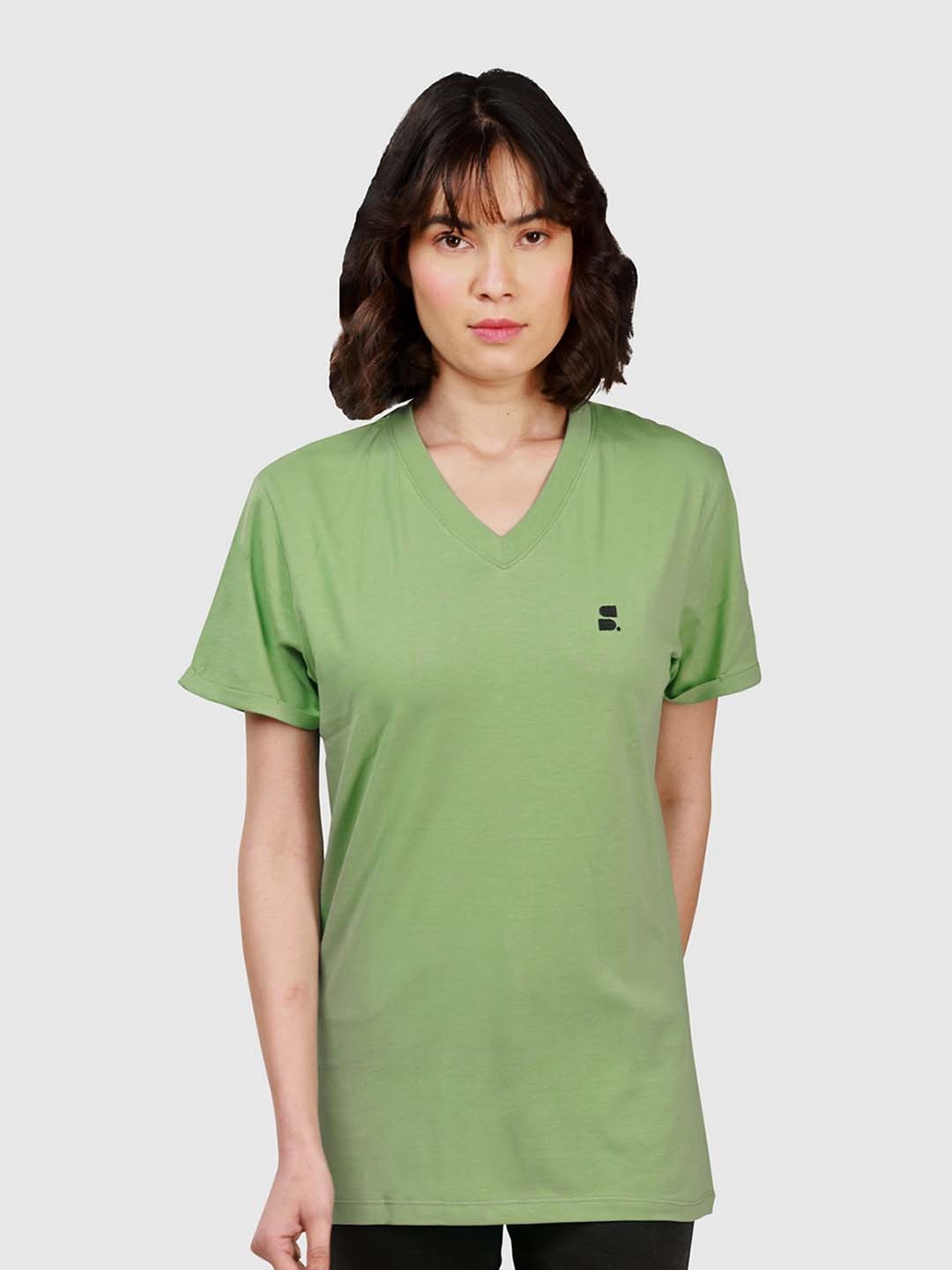 

SUMISO V-Neck Pure Cotton Longline T-shirt, Green