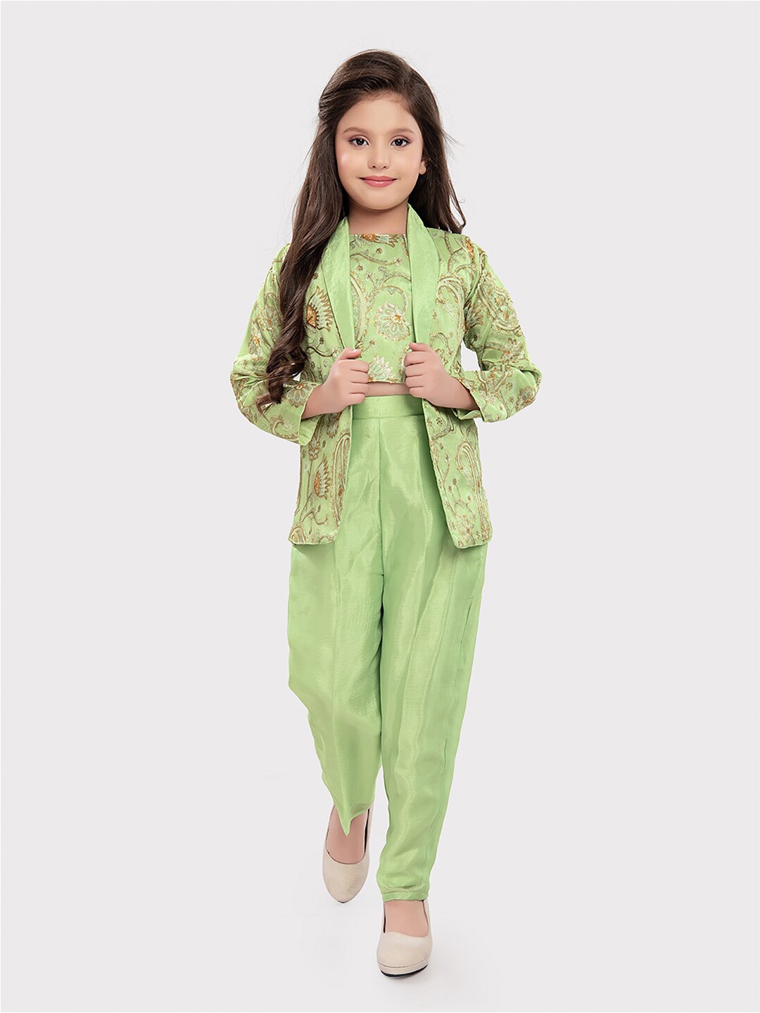 

Tiny Kingdom Girls Embroidered Top With Trousers & Jackets, Green