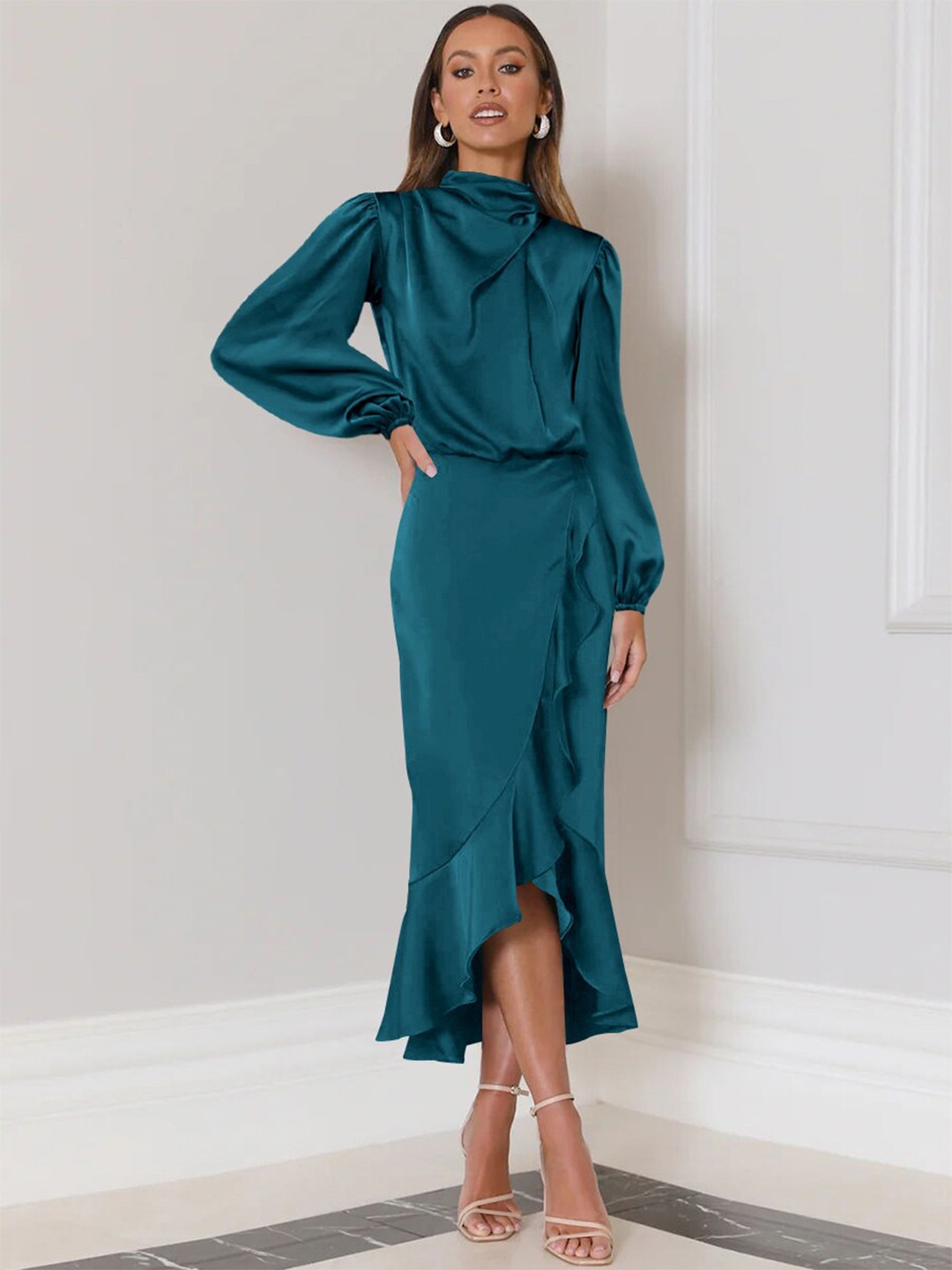 

StyleCast Blue Long Sleeves Ruffled Wrap Midi Dress