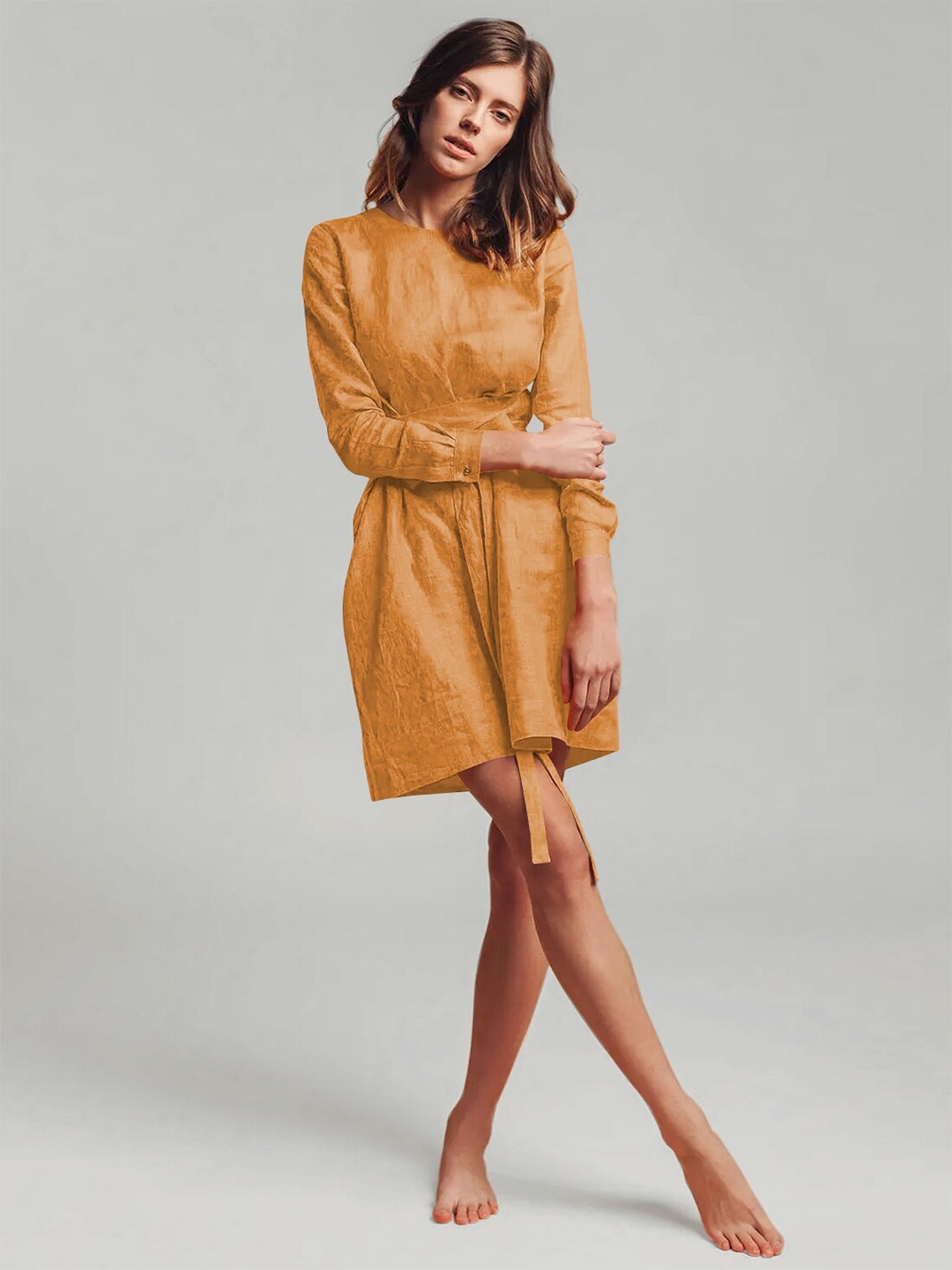 

StyleCast Mustard Yellow Round Neck Cuffed Sleeve Tie Up A-Line Dress