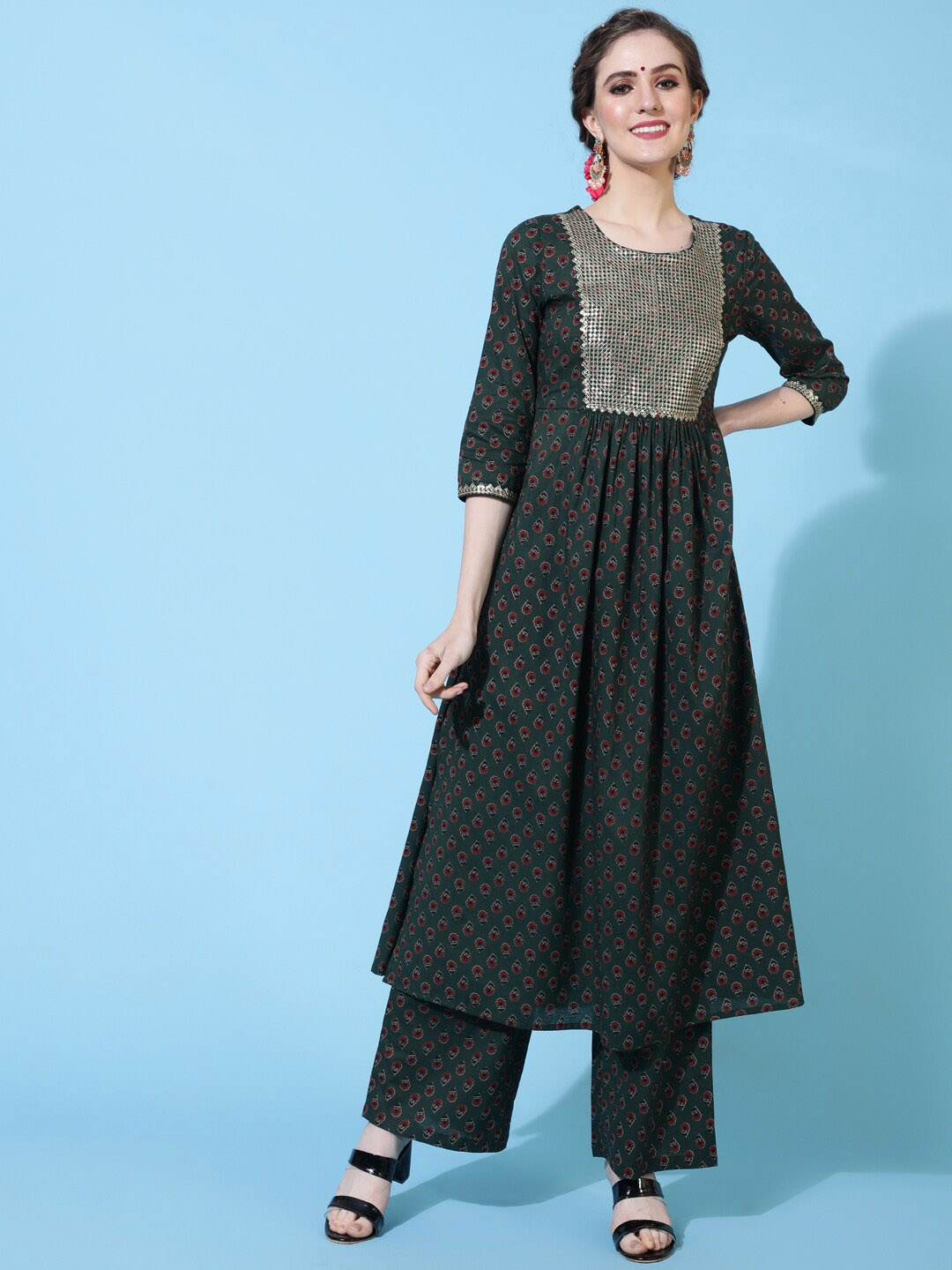 

KIMAYRA Ethnic Motifs Printed Thread Work Pleated Straight Kurta with Palazzos & Dupatta, Green