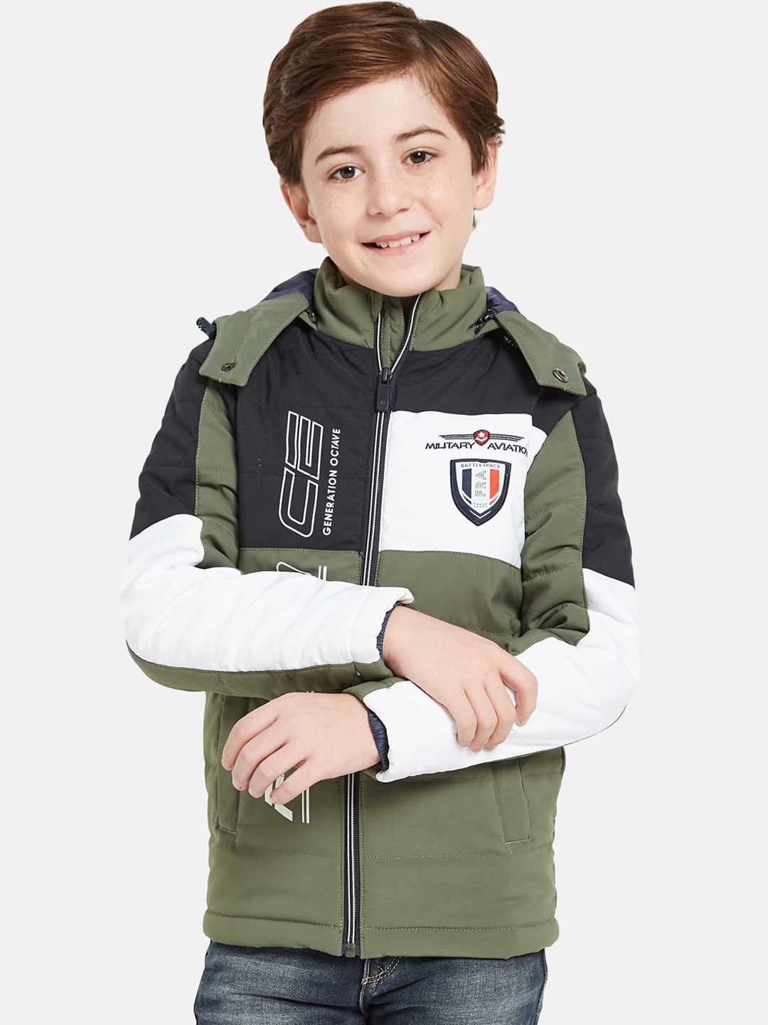 

Octave Boys Typography Printed Hooded Padded Jacket, Olive