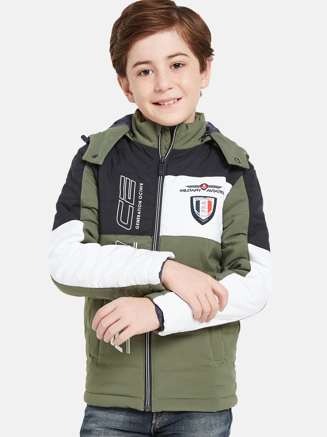 

Octave Boys Typography Printed Padded Jacket, Olive