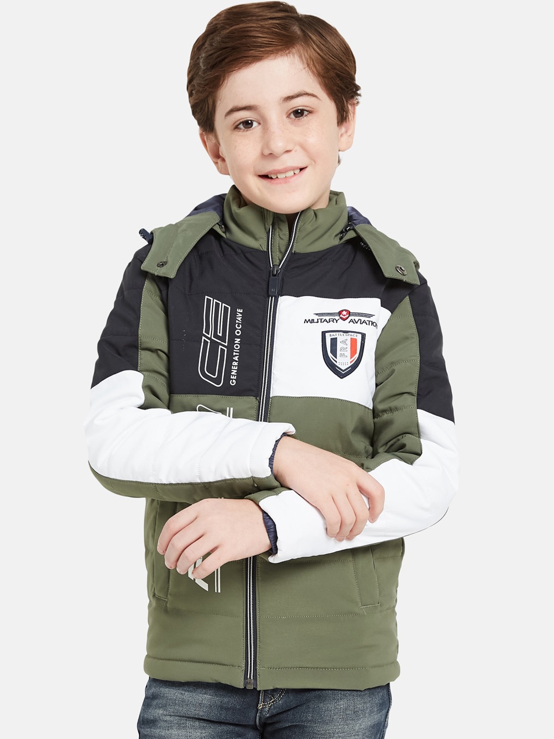 

Octave Boys Typography Printed Hooded Padded Jacket, Olive