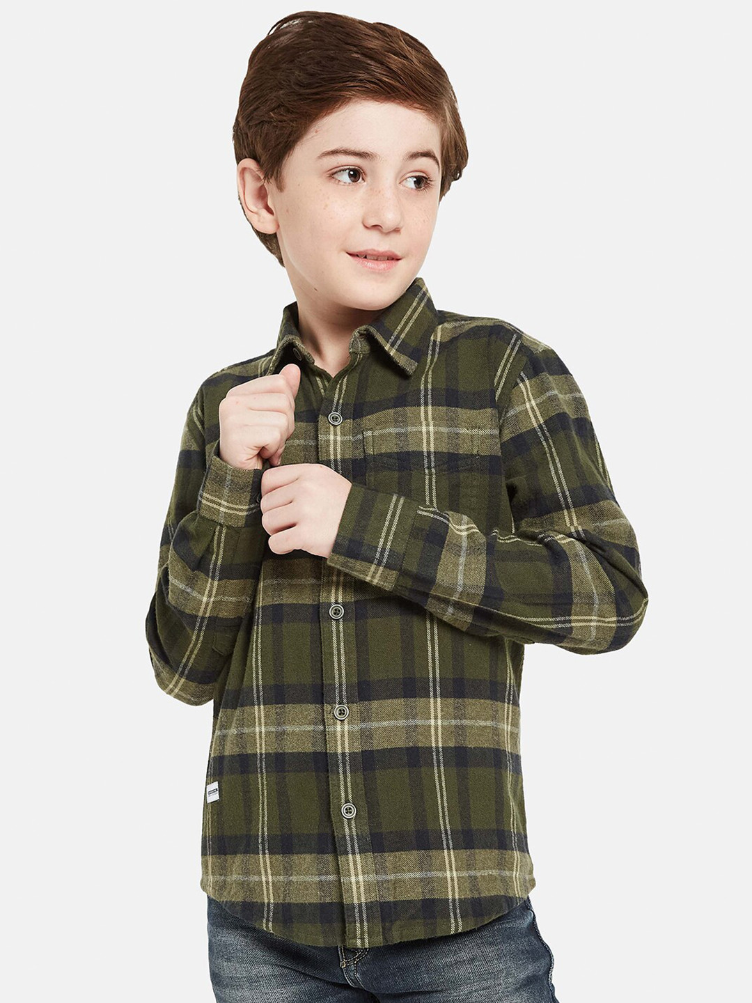 

Octave Boys Tartan Checks Opaque Cotton Casual Shirt, Olive