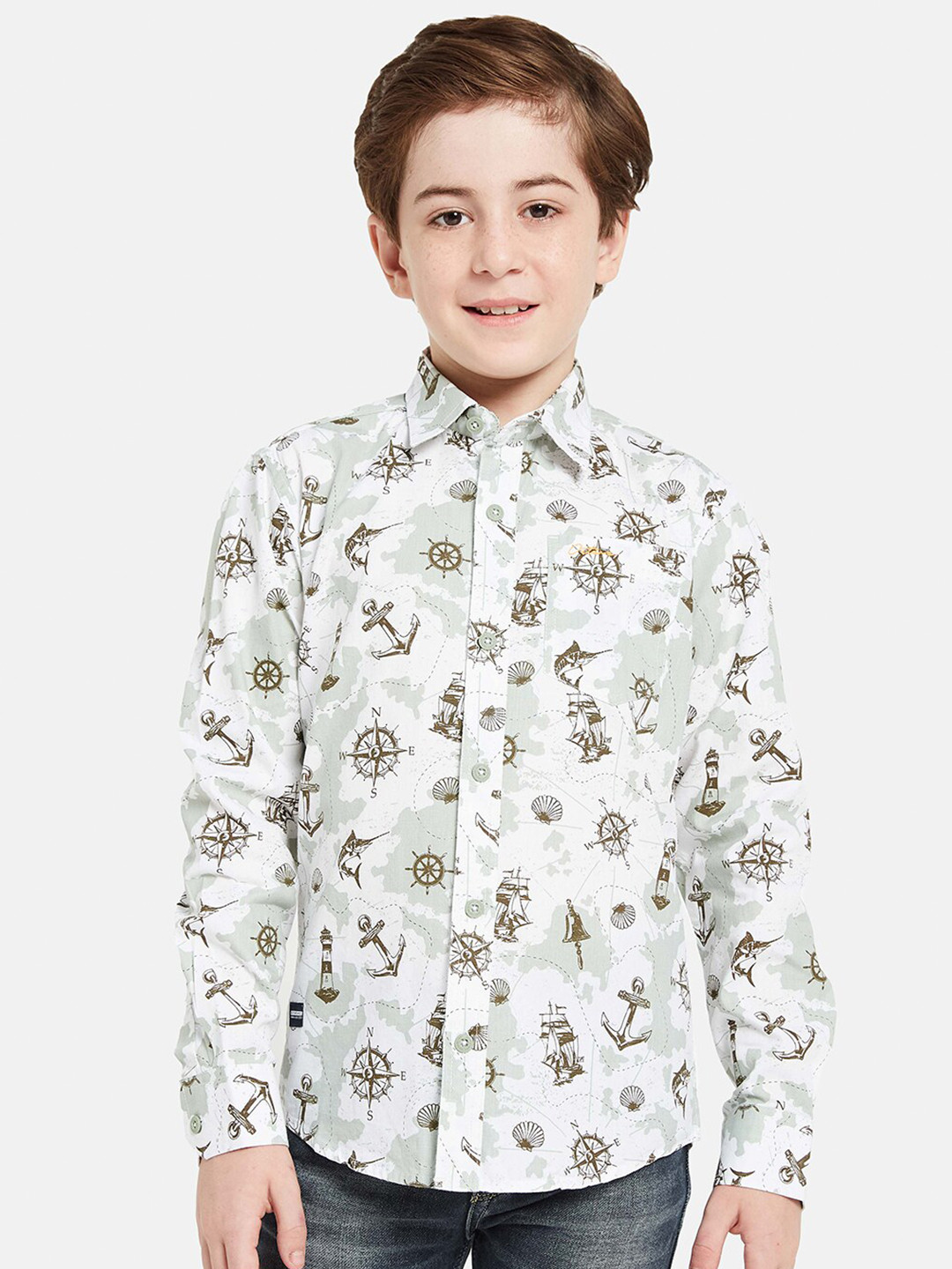 

Octave Boys Graphic Opaque Printed Cotton Casual Shirt, Olive