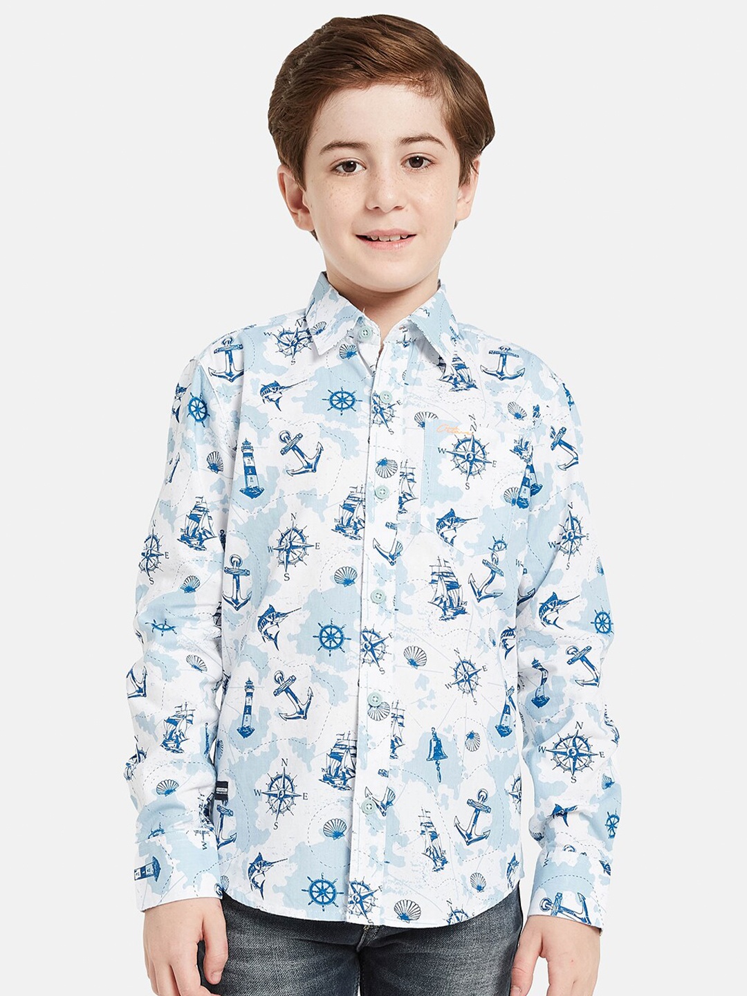 

Octave Boys Spread Collar Conversational Printed Cotton Shirt, Blue