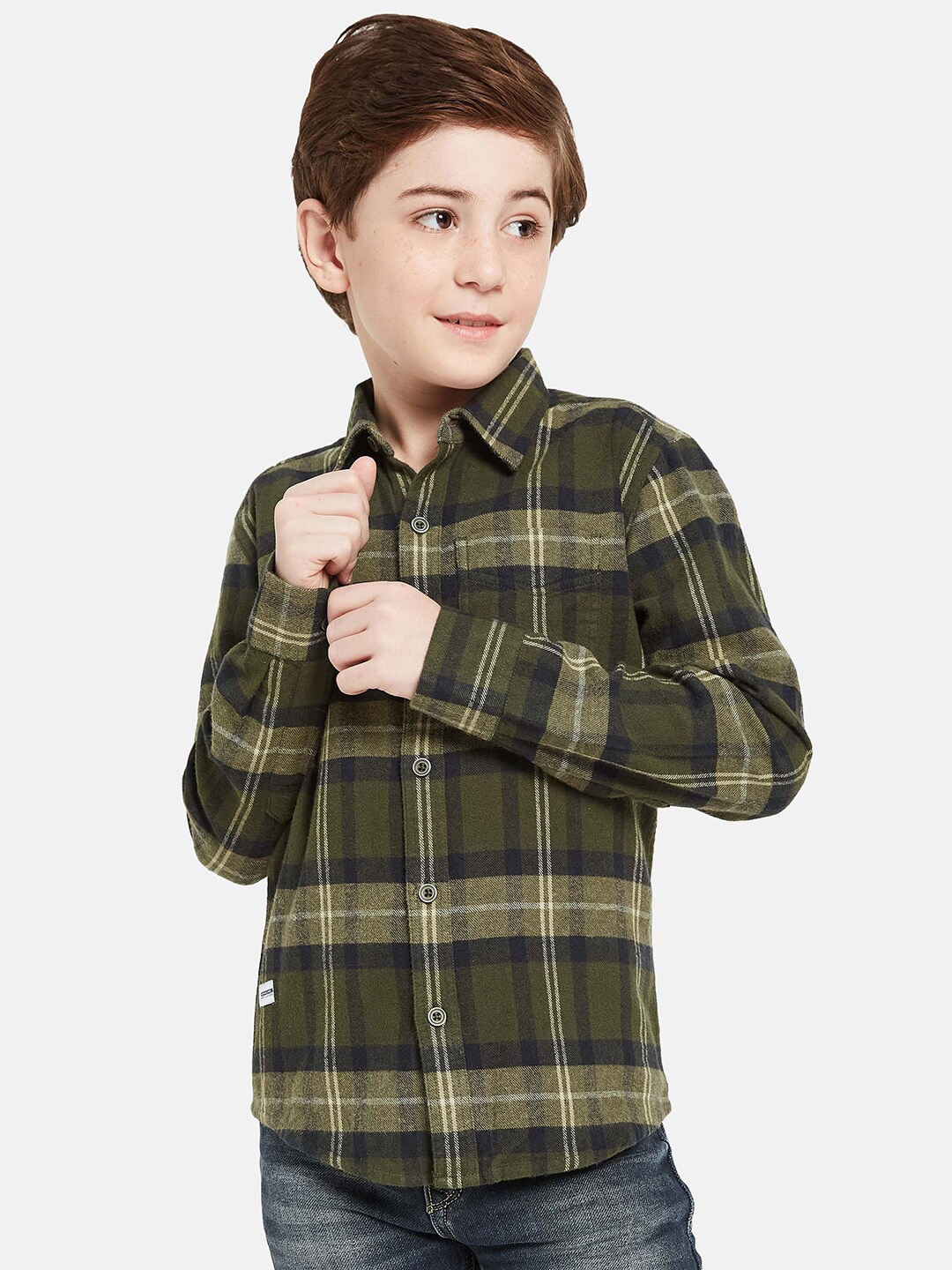 

Octave Boys Tartan Checked Casual Cotton Shirt, Olive