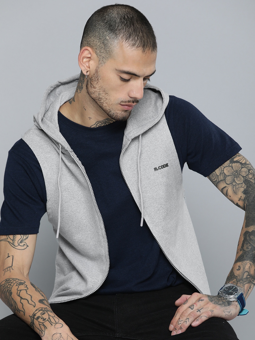

R.Code by The Roadster Life Co. Men Hooded Sweatshirt, Grey melange