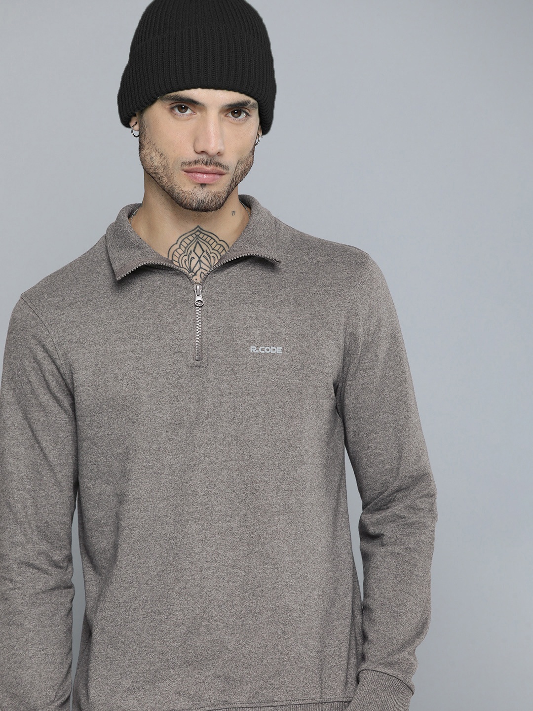 

R.Code by The Roadster Life Co. Men High Neck Half Zipper Sweatshirt, Grey melange