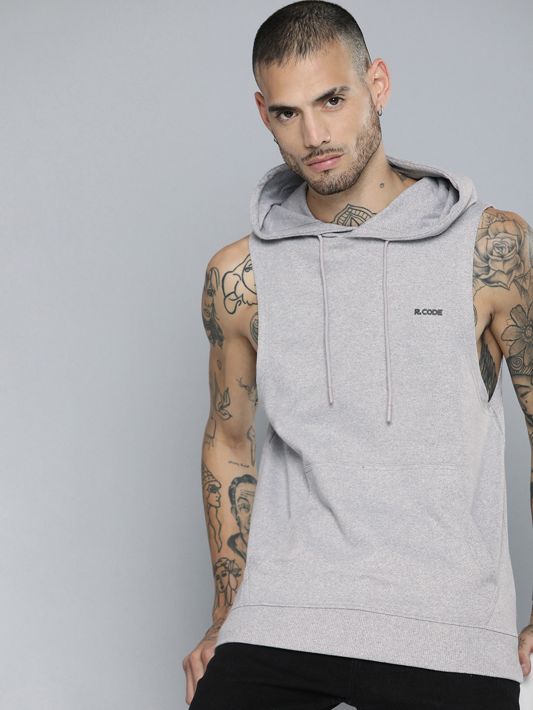 

R.Code by The Roadster Life Co. Men Hooded Sweatshirt, Grey melange