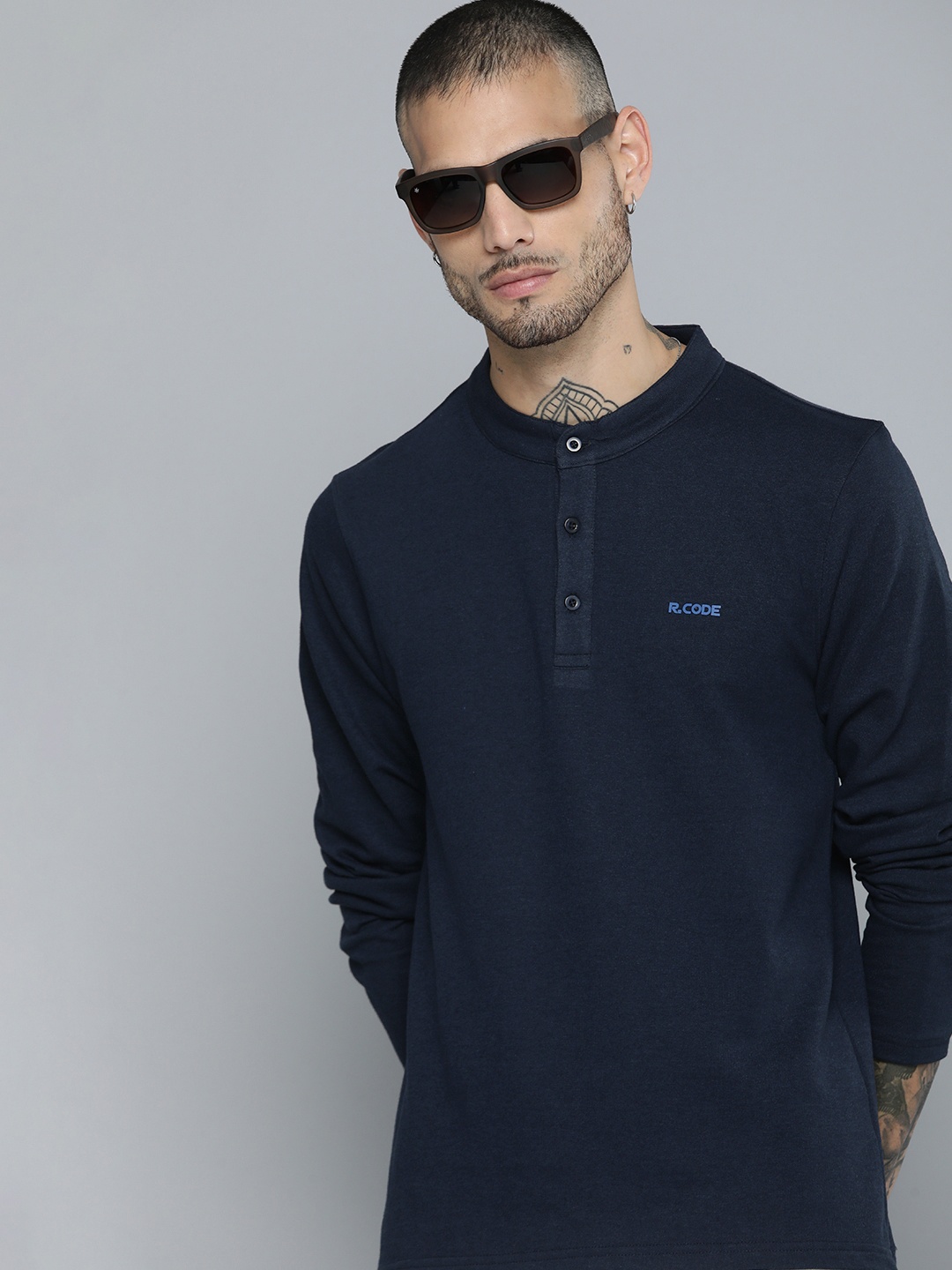 

R.Code by The Roadster Life Co. Men Henley Neck Sweatshirt, Navy blue