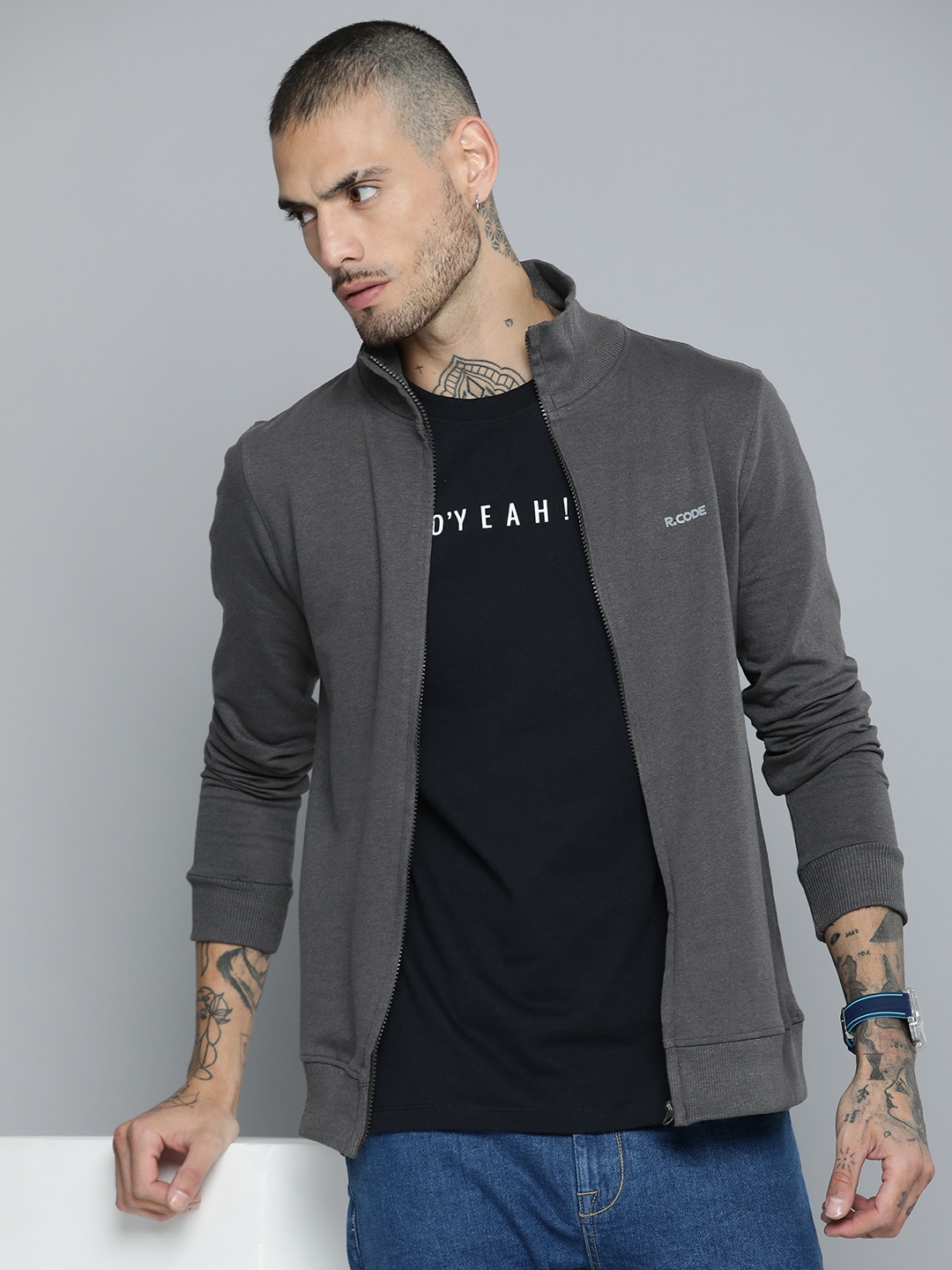 

R.Code by The Roadster Life Co. Men High Neck Sweatshirt, Grey