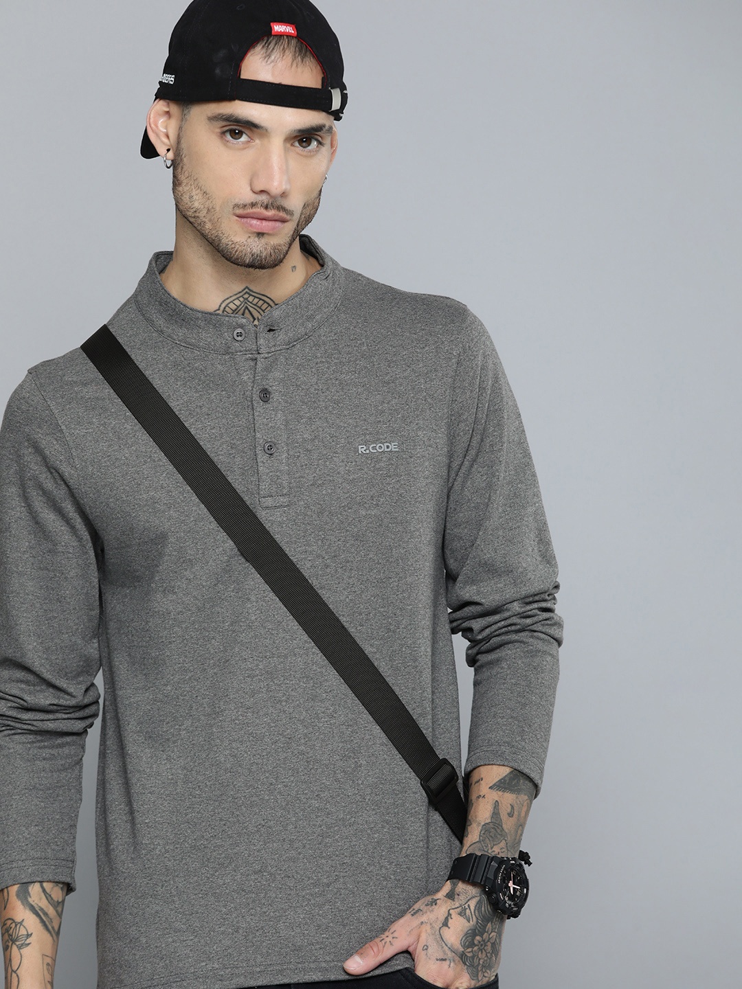 

R.Code by The Roadster Life Co. Men Henley Neck Sweatshirt, Grey melange