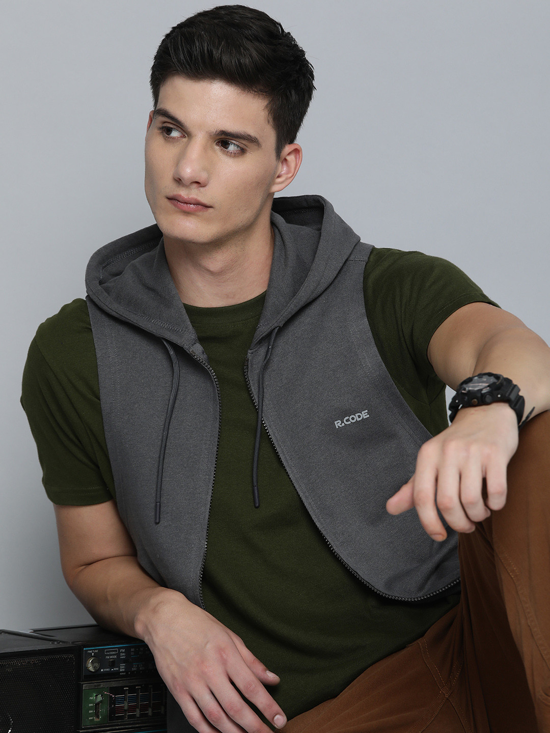 

R.Code by The Roadster Life Co. Men Hooded Sweatshirt, Grey
