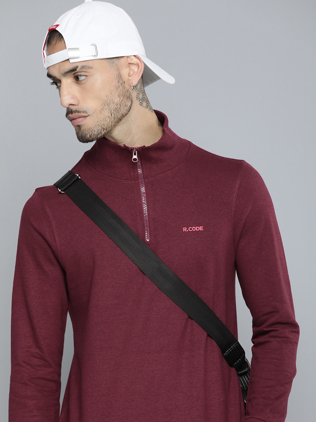 

R.Code by The Roadster Life Co. Men High Neck Half Zipper Sweatshirt, Burgundy