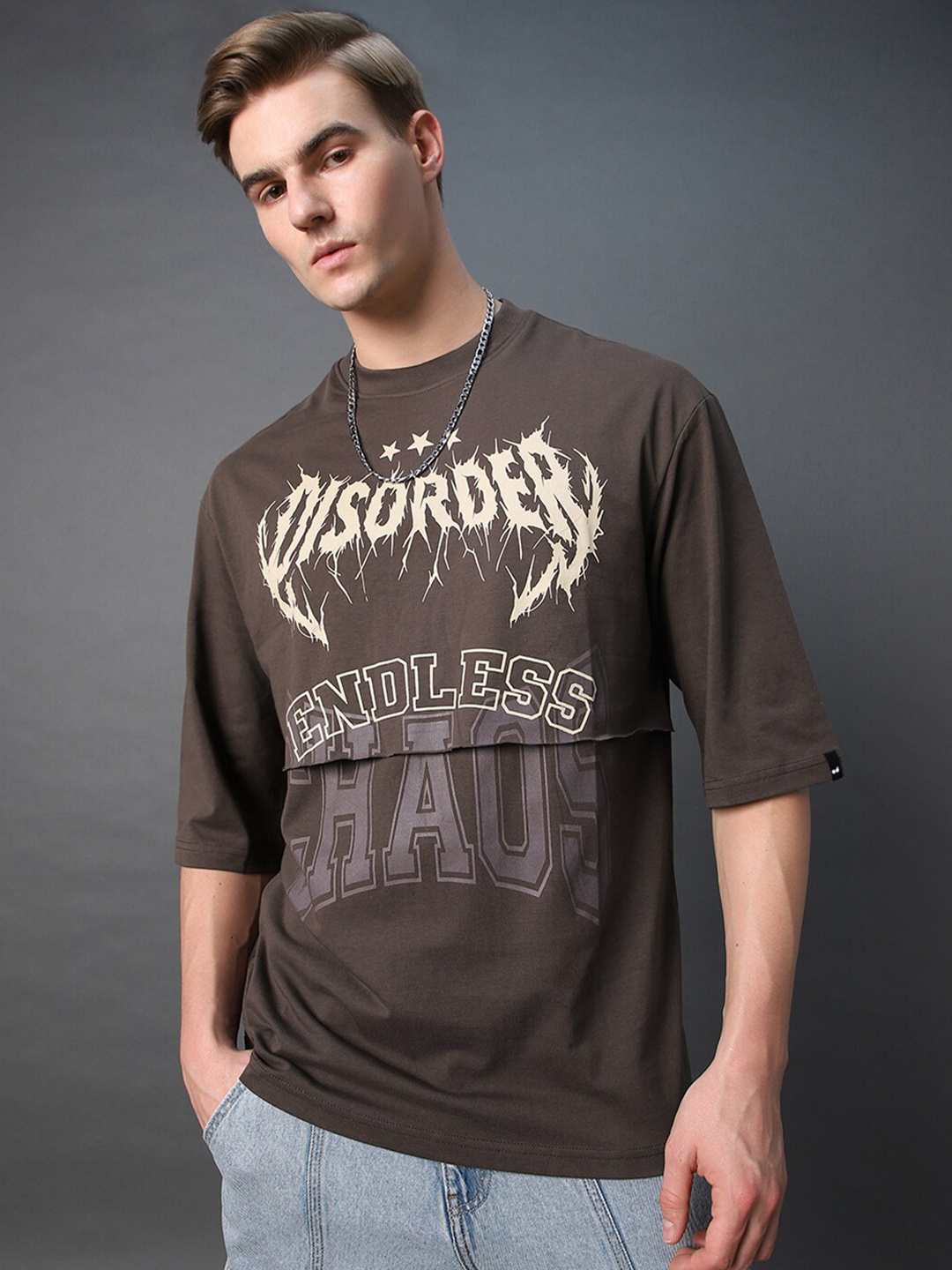 

Bewakoof Disorder Typography Oversized T-shirt, Brown