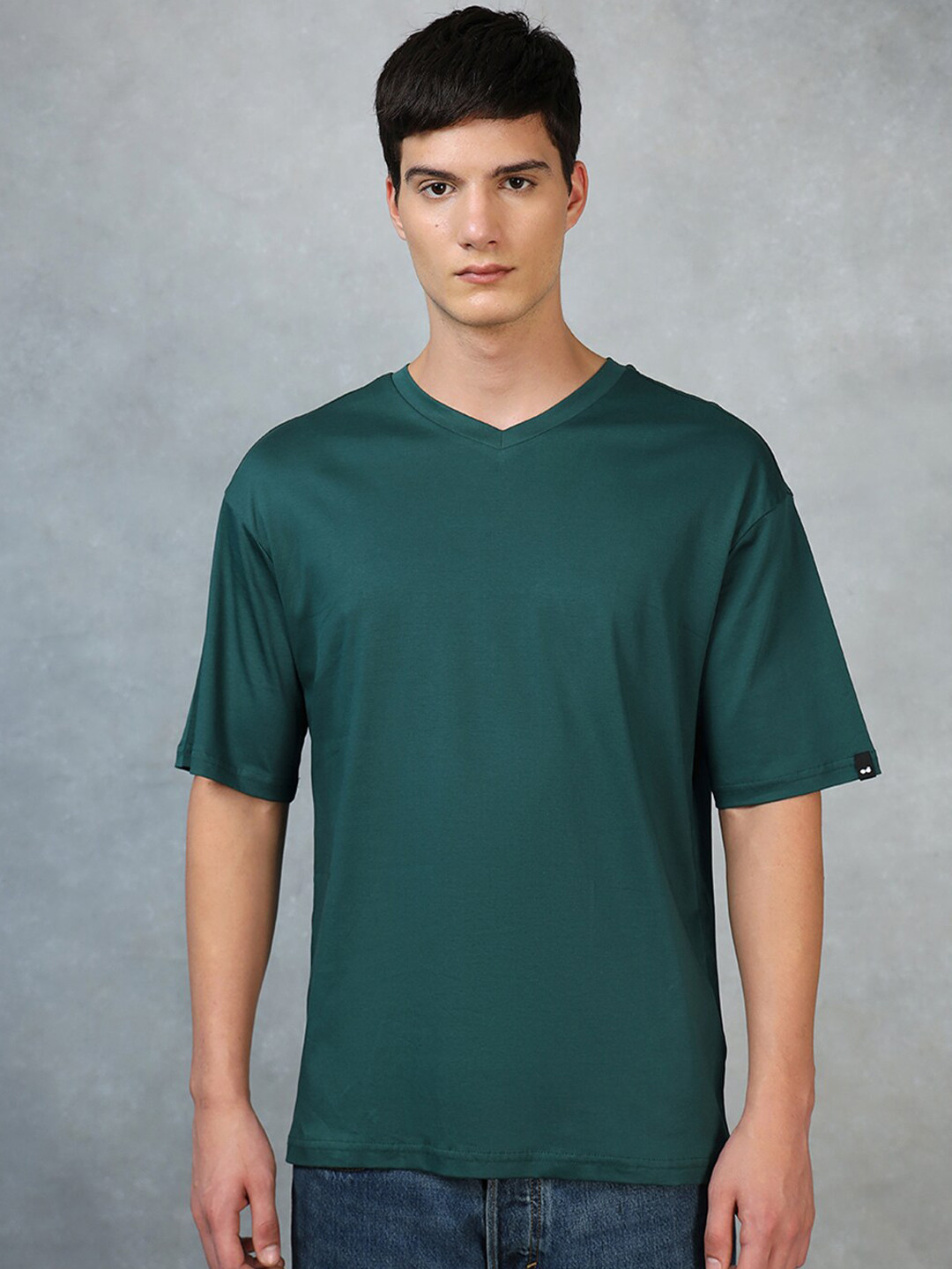 

Bewakoof V-Neck Drop Shoulder Sleeves Cotton Oversized T-shirt, Green
