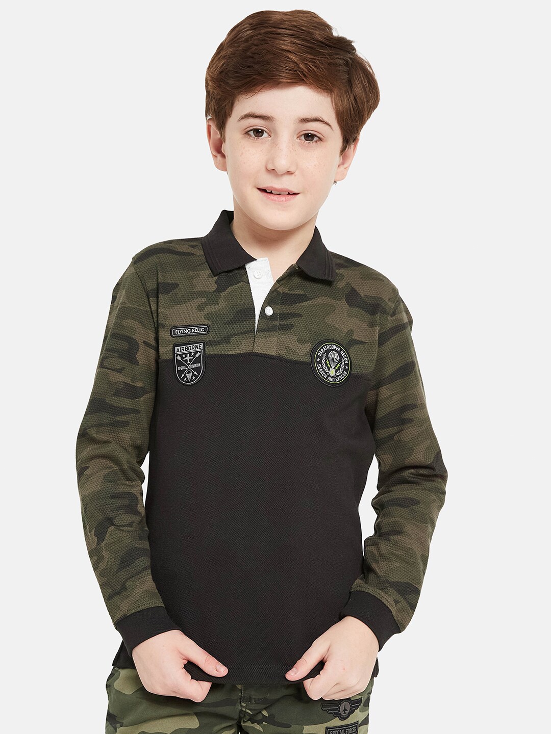 

Octave Boys Camouflage Printed Applique Polo Collar Cotton T-shirt, Black