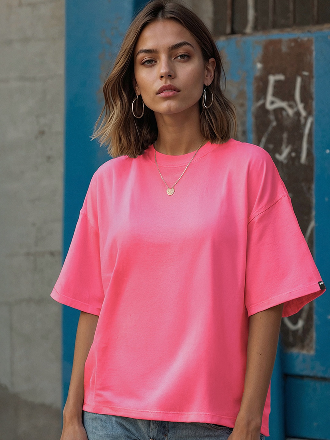 

Bewakoof Round Neck Drop-Shoulder Sleeves Cotton Oversized T-shirt, Pink