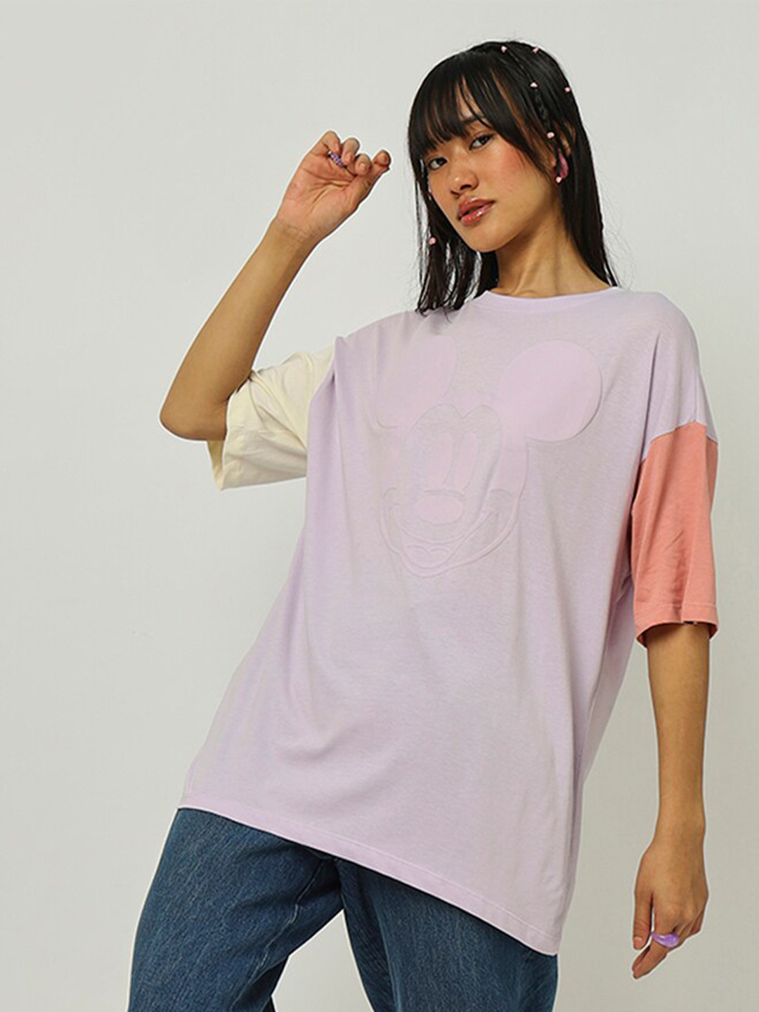 

Bewakoof Mickey Mouse Printed Drop Shoulder Sleeves Oversized Cotton T-shirt, Lavender
