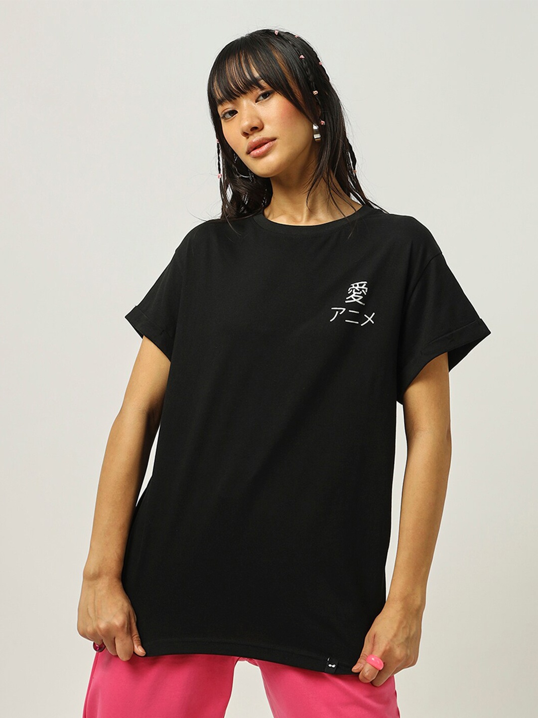 

Bewakoof Typography Printed Drop-Shoulder Cotton T-shirt, Black
