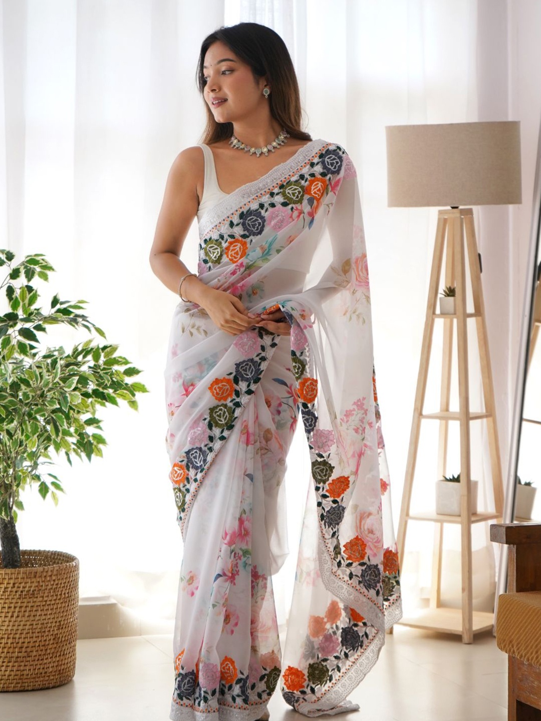 

TYAAR Floral Printed Embroidered Poly Georgette Saree, White