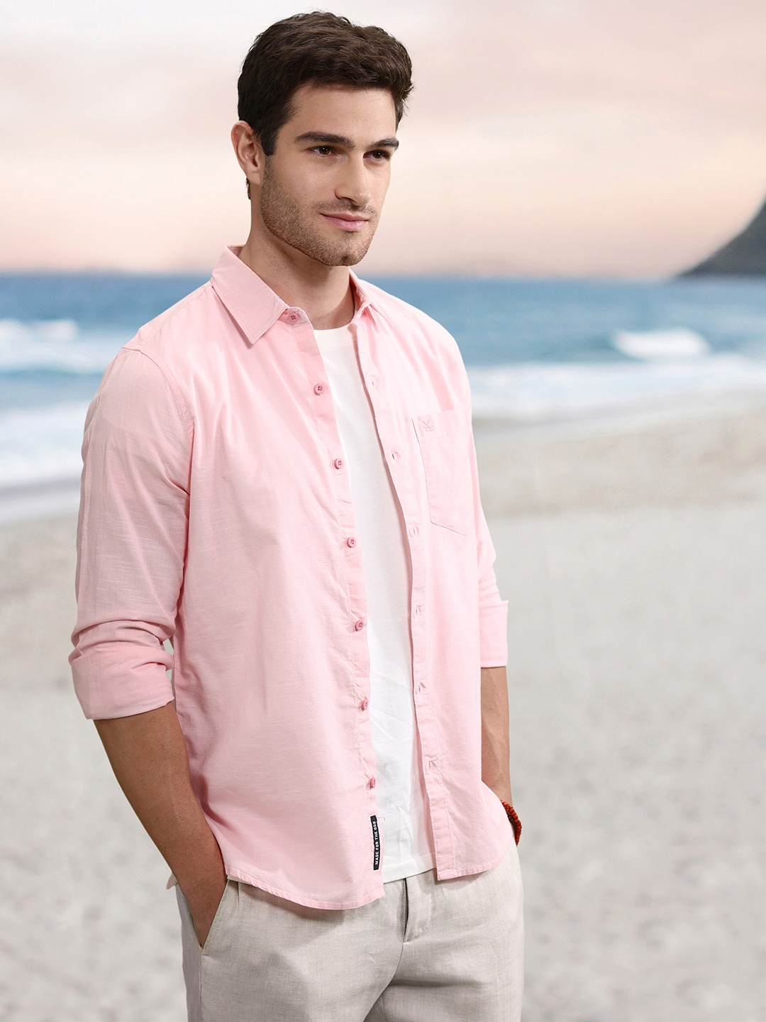 

WROGN Slim Fit Pure Cotton Casual Shirt, Pink