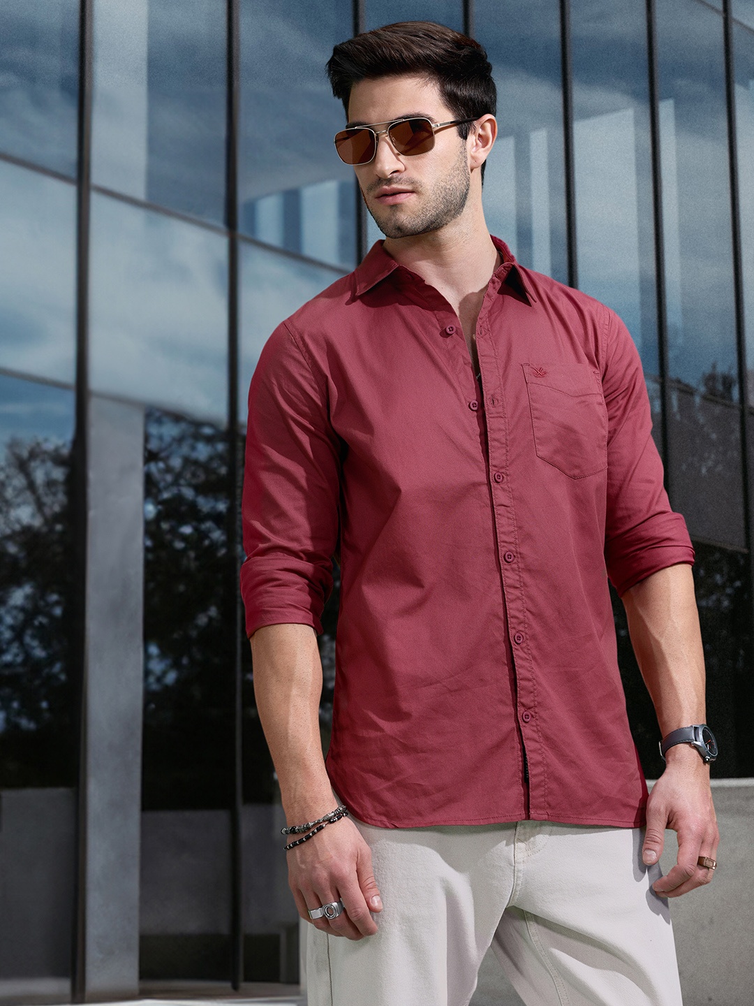 

WROGN Slim Fit Pure Cotton Casual Shirt, Pink