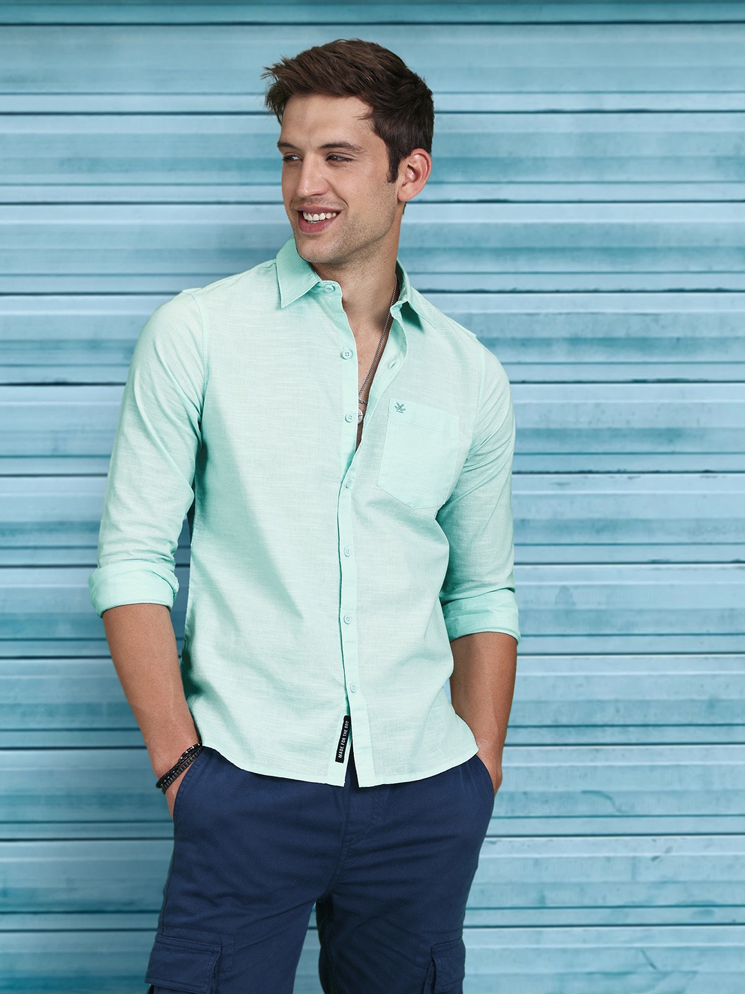 

WROGN Slim Fit Pure Cotton Textured Casual Shirt, Green