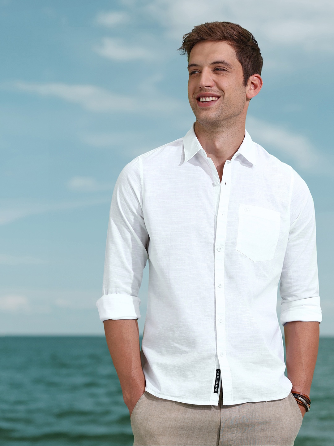 

WROGN Slim Fit Pure Cotton Textured Casual Shirt, White