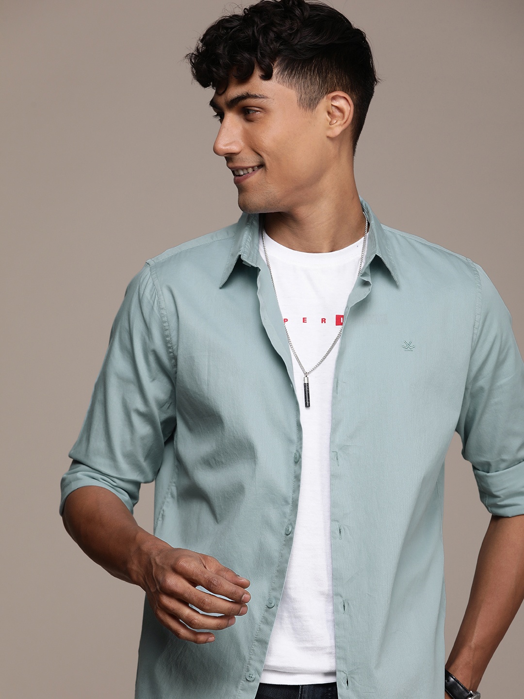 

WROGN Self Design Slim Fit Pure Cotton Casual Shirt, Blue