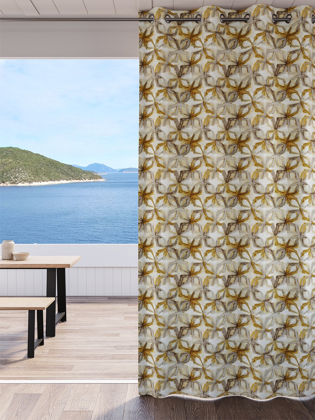 DDecor Cream & Mustard Yellow Abstract Room Darkening Long Door Curtain